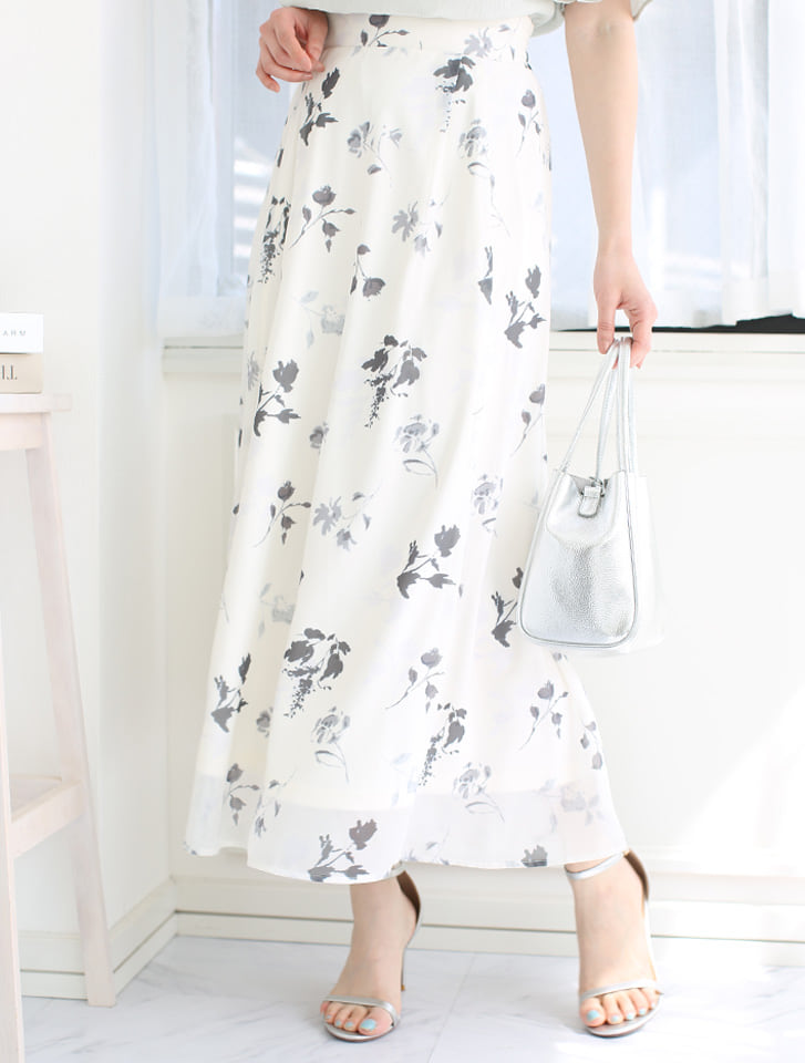 【セットアップ対応】シフォン花柄フレアロングスカート
